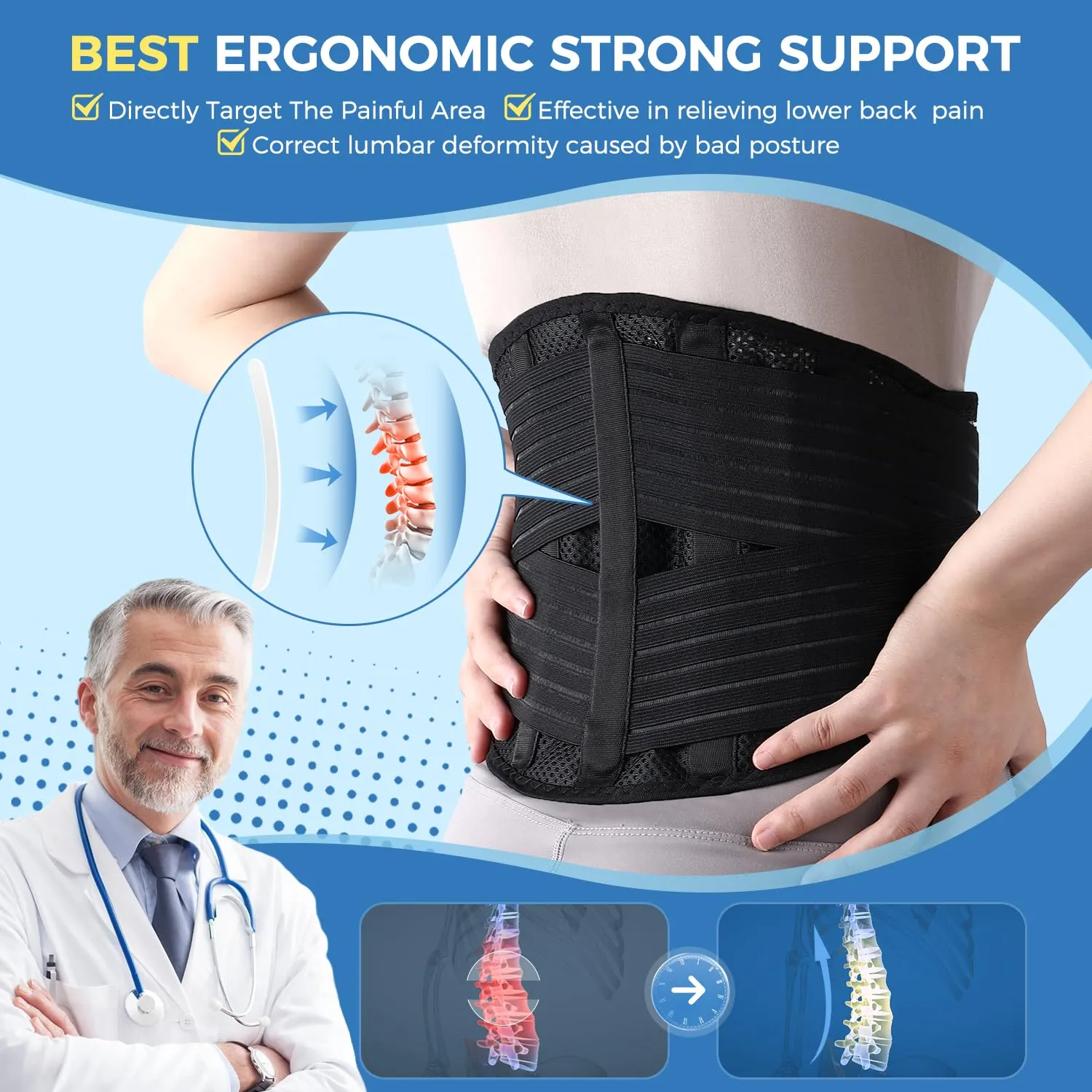 Back Support Brace for Posture with Stretchable Belt.Upgraded High-elastic Straps.Lumbar Back Brace for Lower Back Pain Relief with Breathable Mesh.Sitting,Lifting,Walking,L