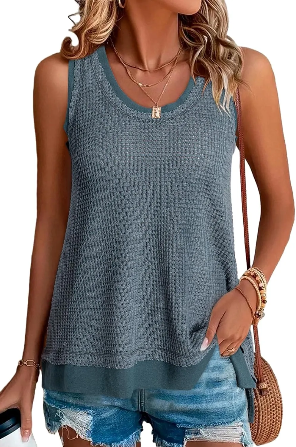 BLENCOT Women's Waffle Knit Summer Tank Top Casual Scoop Neck Sleeveless Loose Tunic Tops