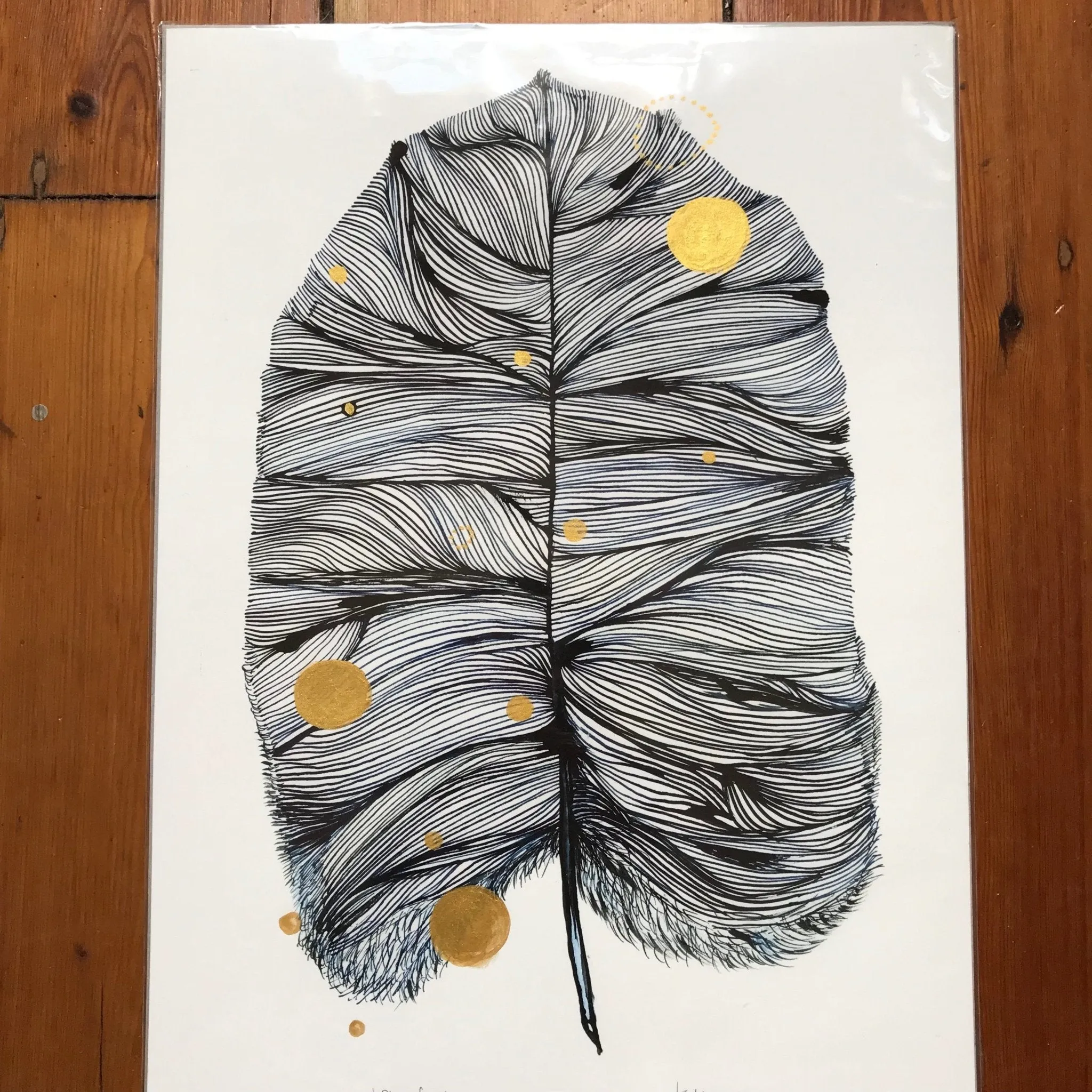 'Blue Feather' with handpainted gold detail Print by Katherine Wheeler