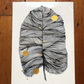 'Blue Feather' with handpainted gold detail Print by Katherine Wheeler
