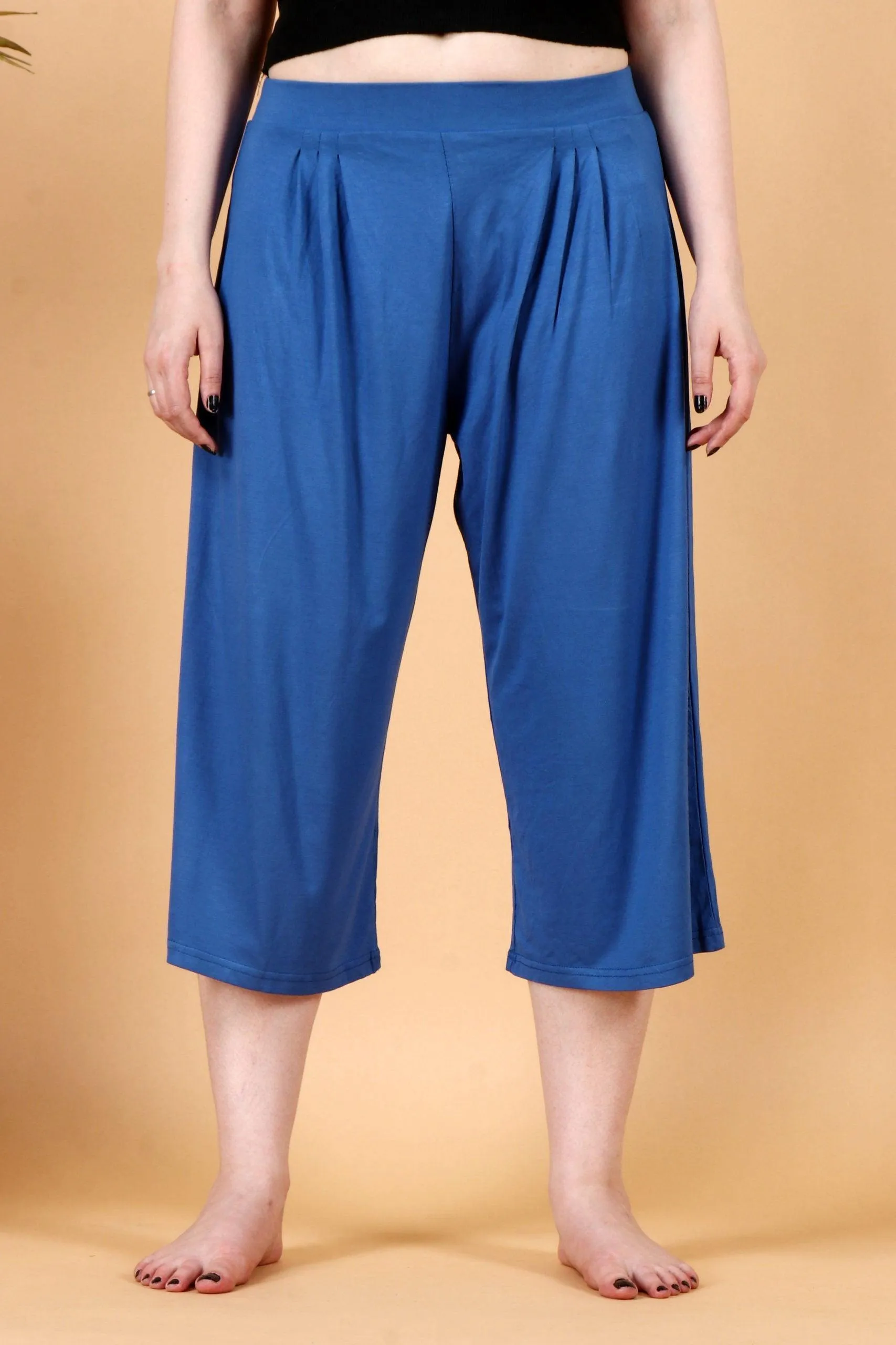 Blue Solid Cropped Wide Palazzo