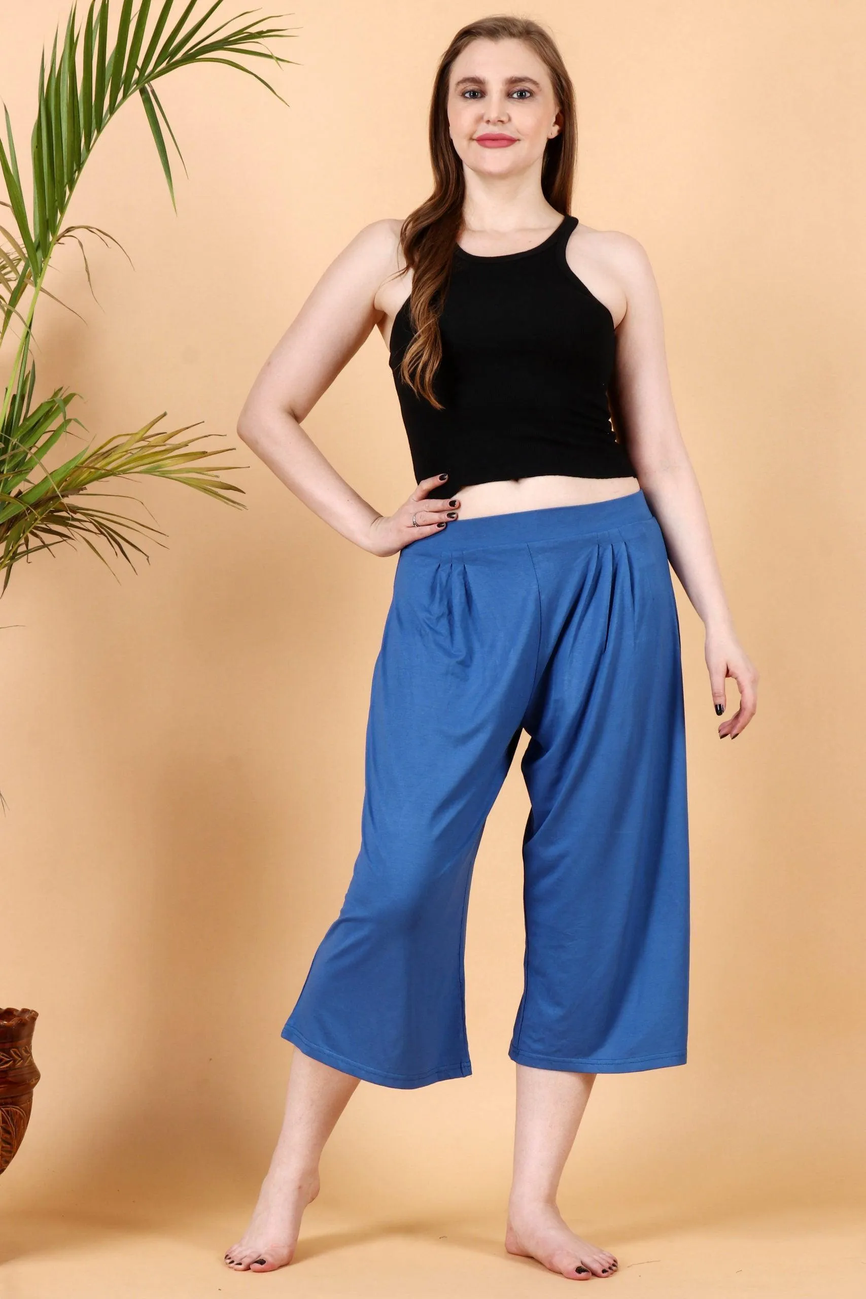 Blue Solid Cropped Wide Palazzo