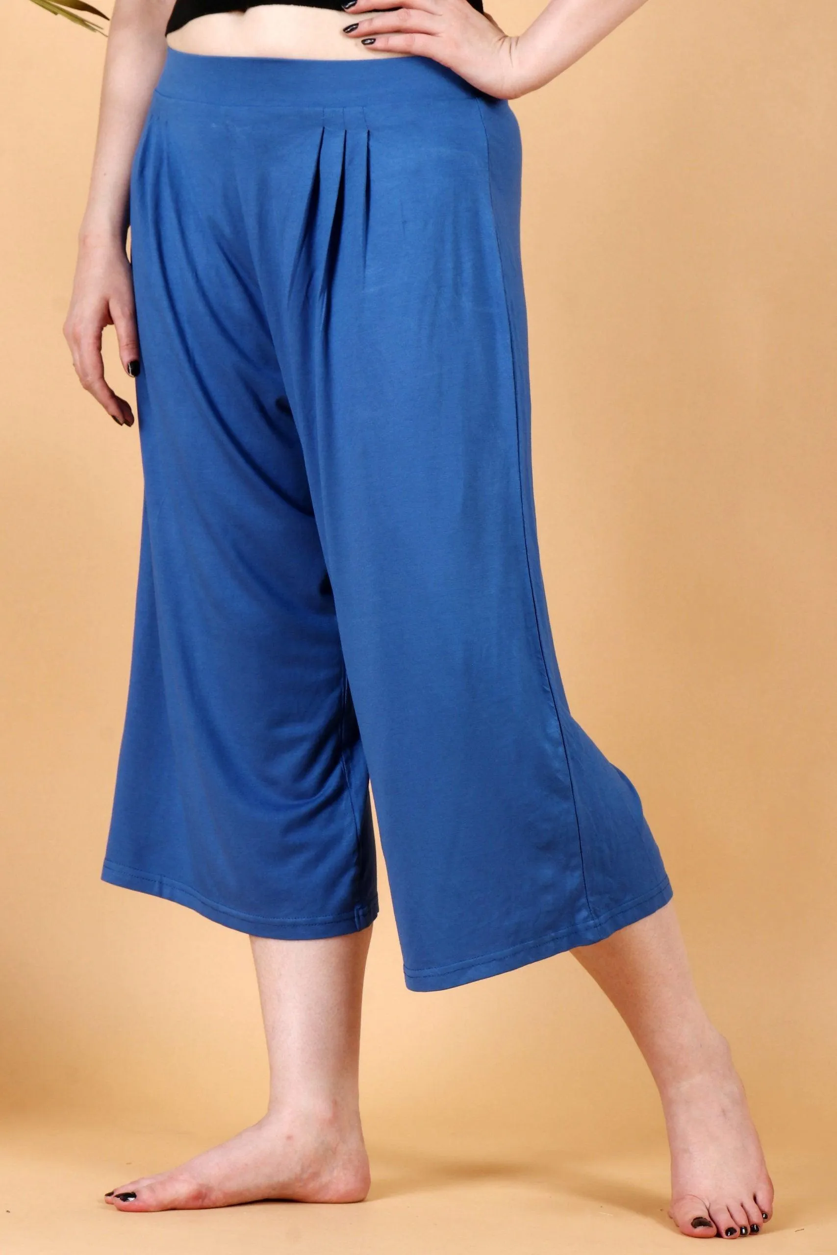 Blue Solid Cropped Wide Palazzo
