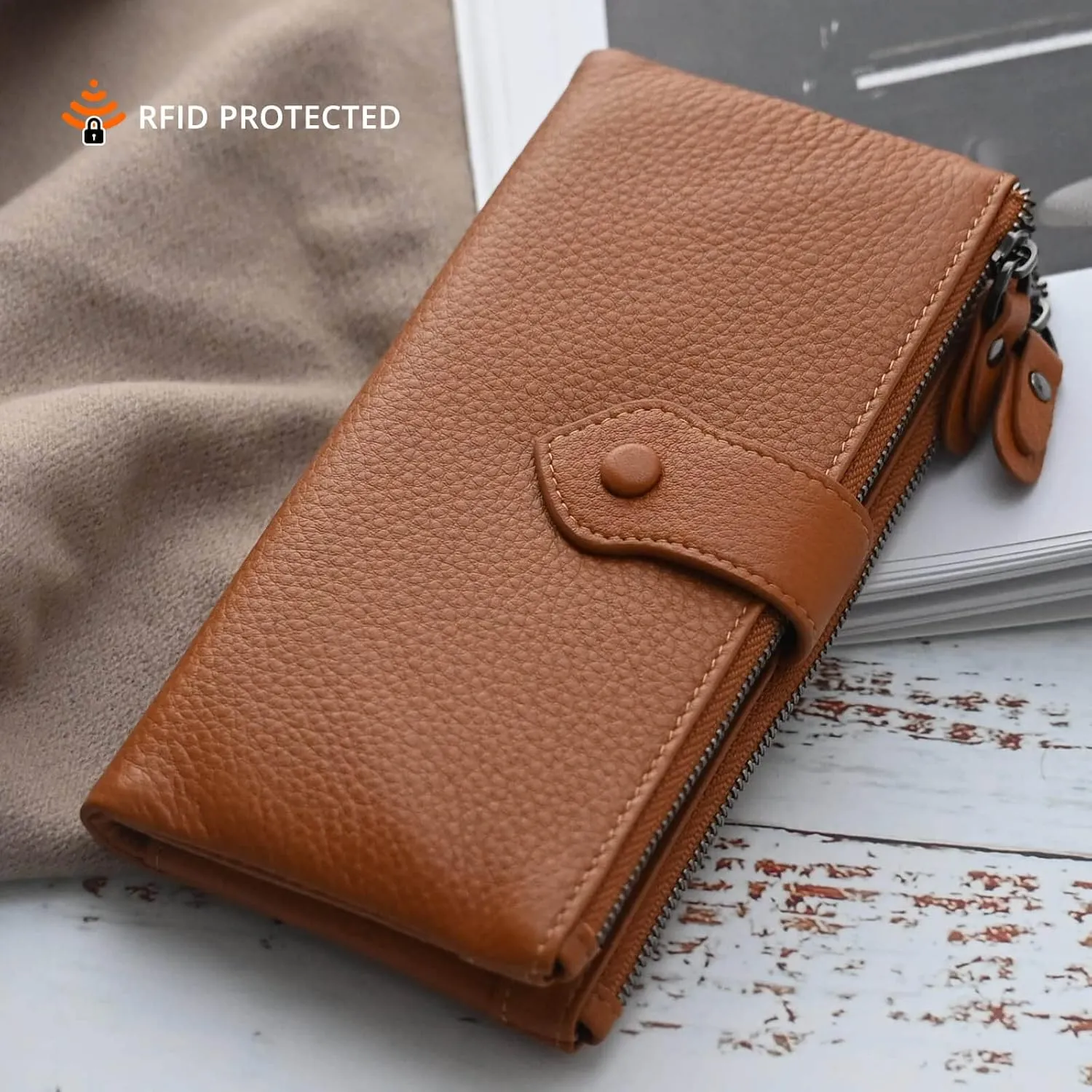 Bveyzi Women Soft Leather RFID Blocking Bifold Slim Wallets Ladies Credit Card Holder Double Zipper Pocket