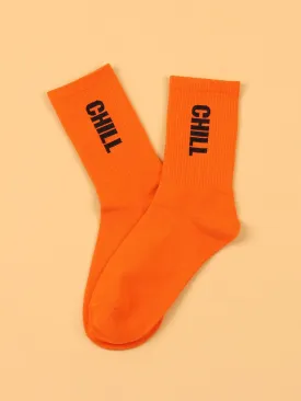 Chill Typography Orange Crew Socks Funny Socks for Women Novelty Socks Funky