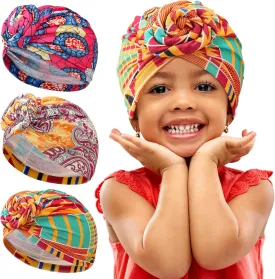 Geyoga 3 Pieces Kids Cancer Headwear African Knot Pre Tied Turban Soft Cotton Stretch Head Wrap for Boys Girls