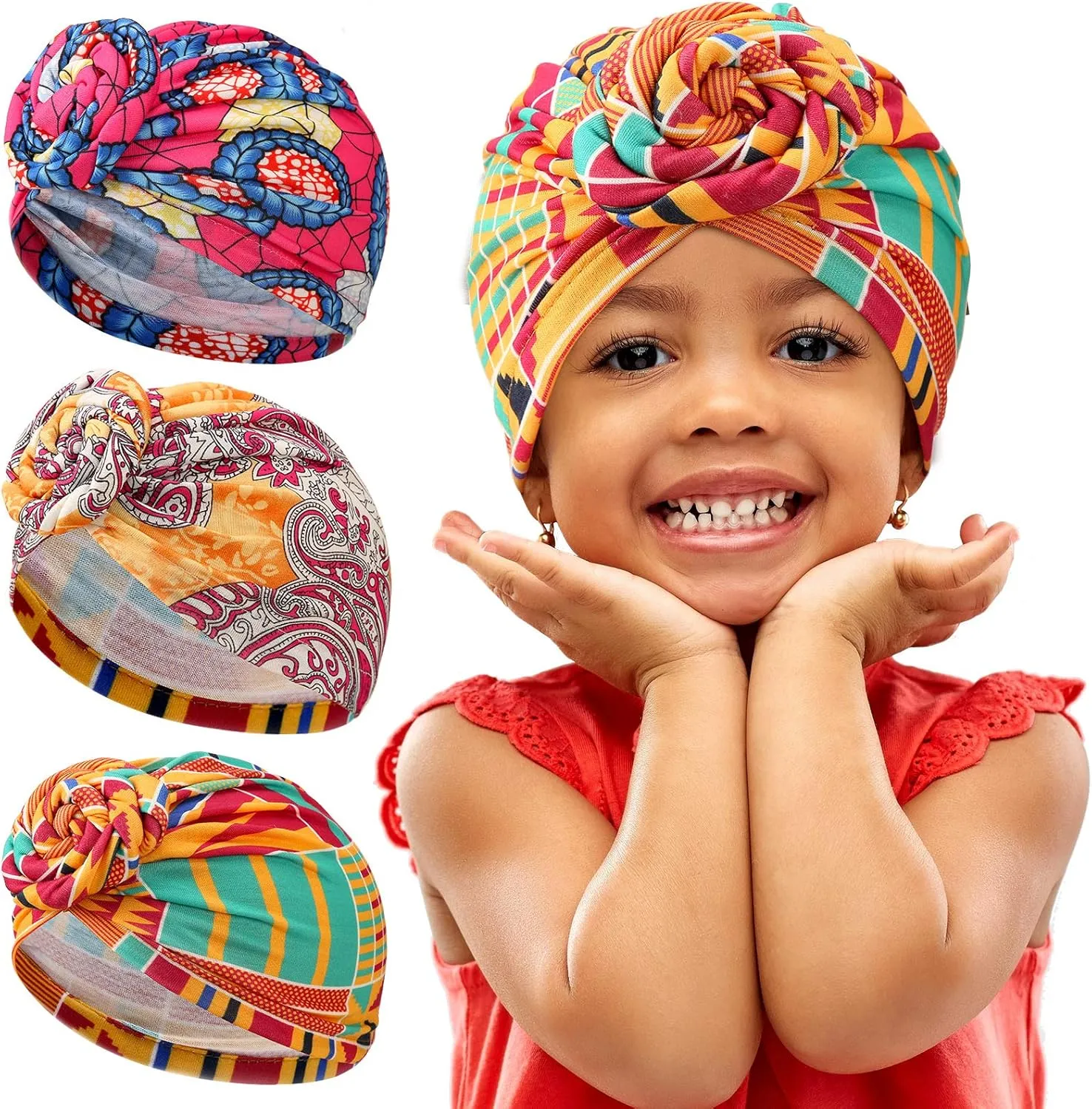 Geyoga 3 Pieces Kids Cancer Headwear African Knot Pre Tied Turban Soft Cotton Stretch Head Wrap for Boys Girls