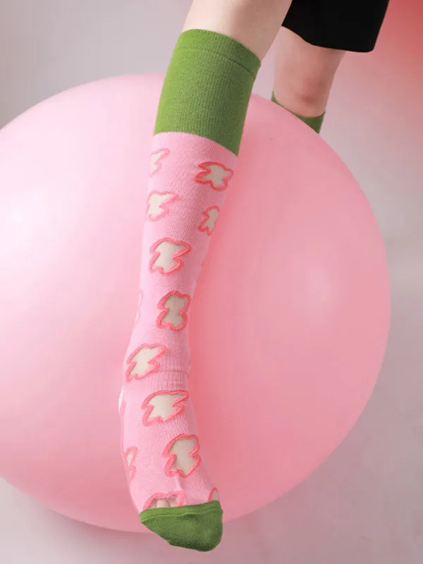 Green Pink Knitted Flower Socks Accessories