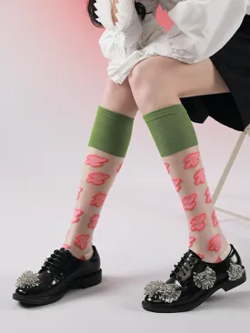 Green Pink Knitted Flower Socks Accessories