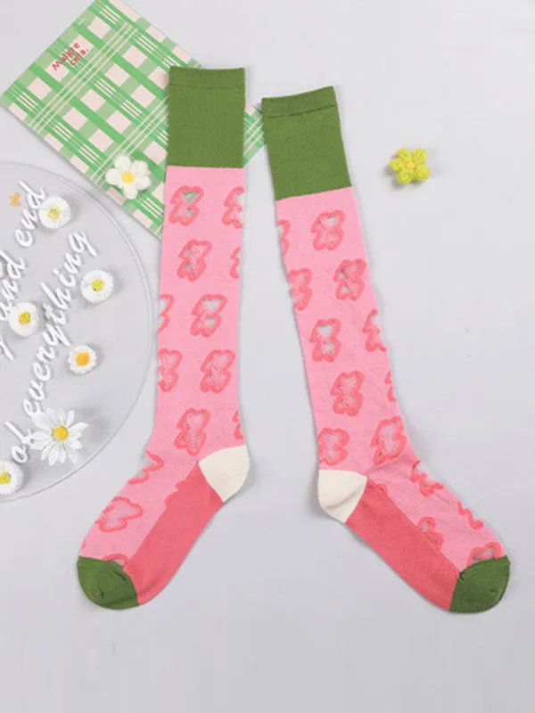 Green Pink Knitted Flower Socks Accessories