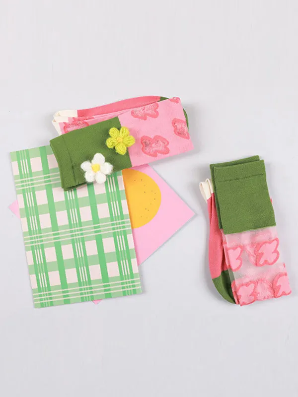 Green Pink Knitted Flower Socks Accessories