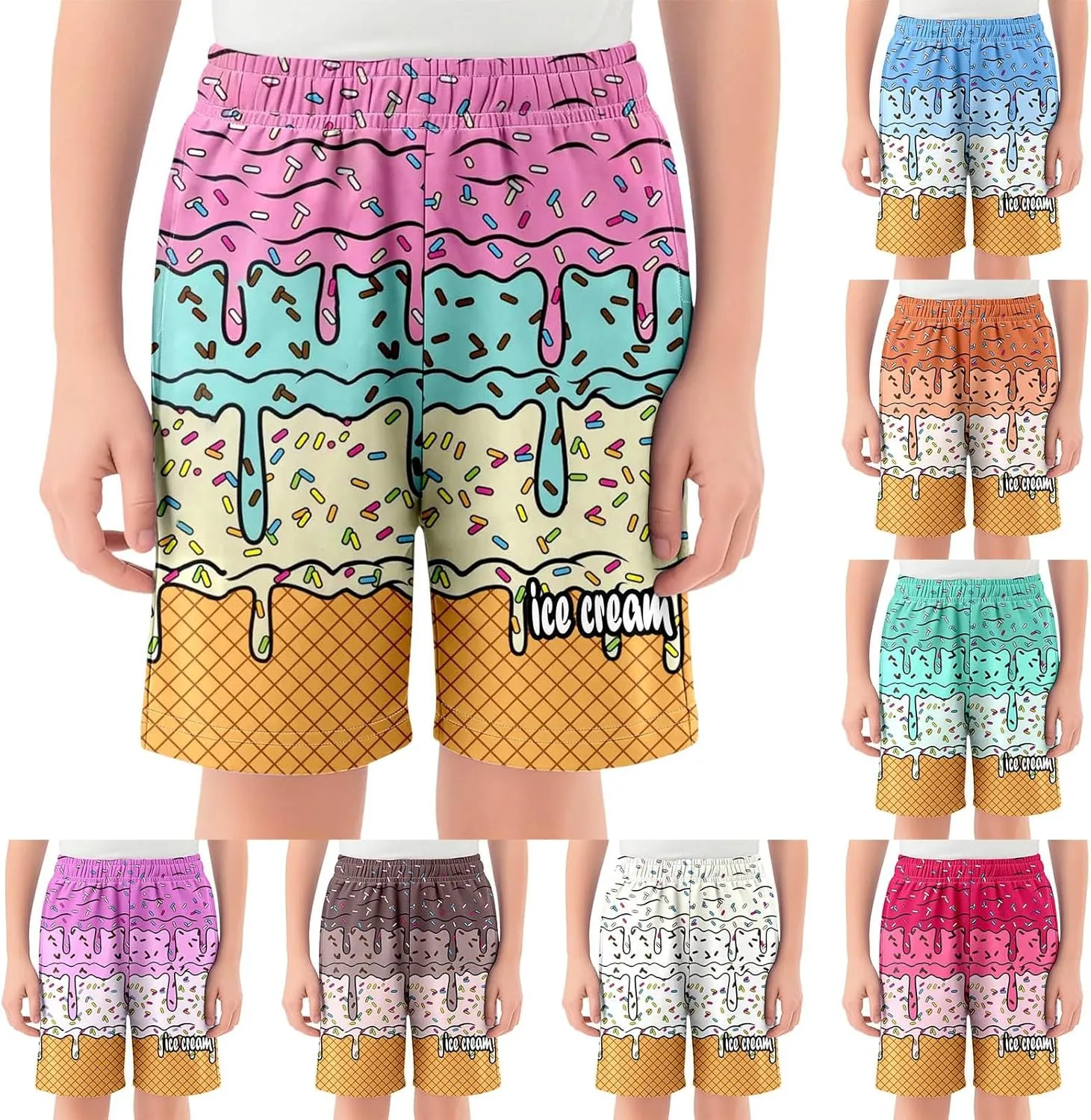 Ice Cream Shorts for 2-14T Boy Girl Elastic Waist with Pockets Summer Cool Preppy Ice Cream Drip Baseball Shorts