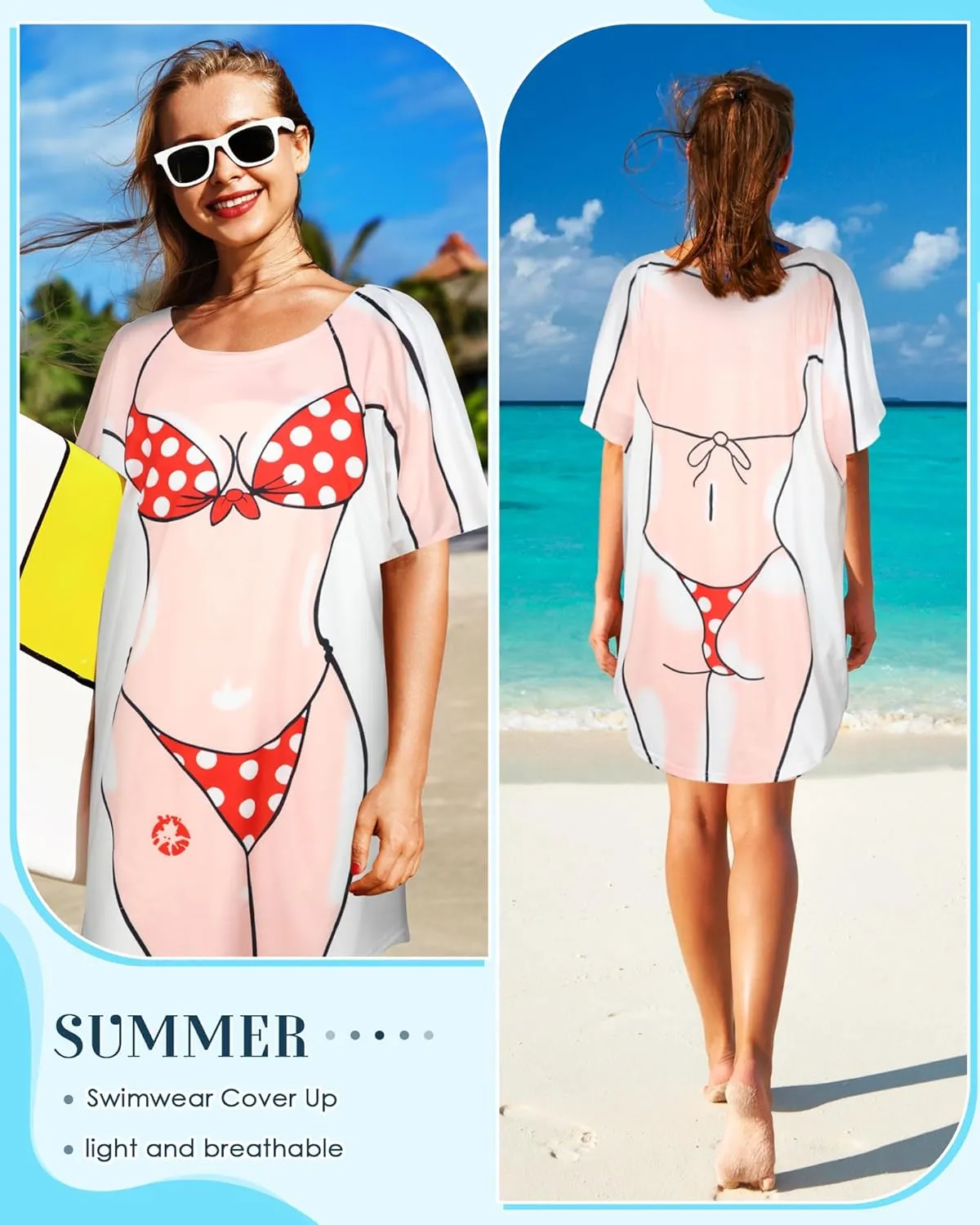 Jeyiour 6 Pack Women's Funny Bikini Shirt Short Sleeve Cover up Baggy T Shirt Dress Cute Bikini Print Baggy Swimwear