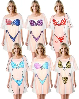Jeyiour 6 Pack Women's Funny Bikini Shirt Short Sleeve Cover up Baggy T Shirt Dress Cute Bikini Print Baggy Swimwear
