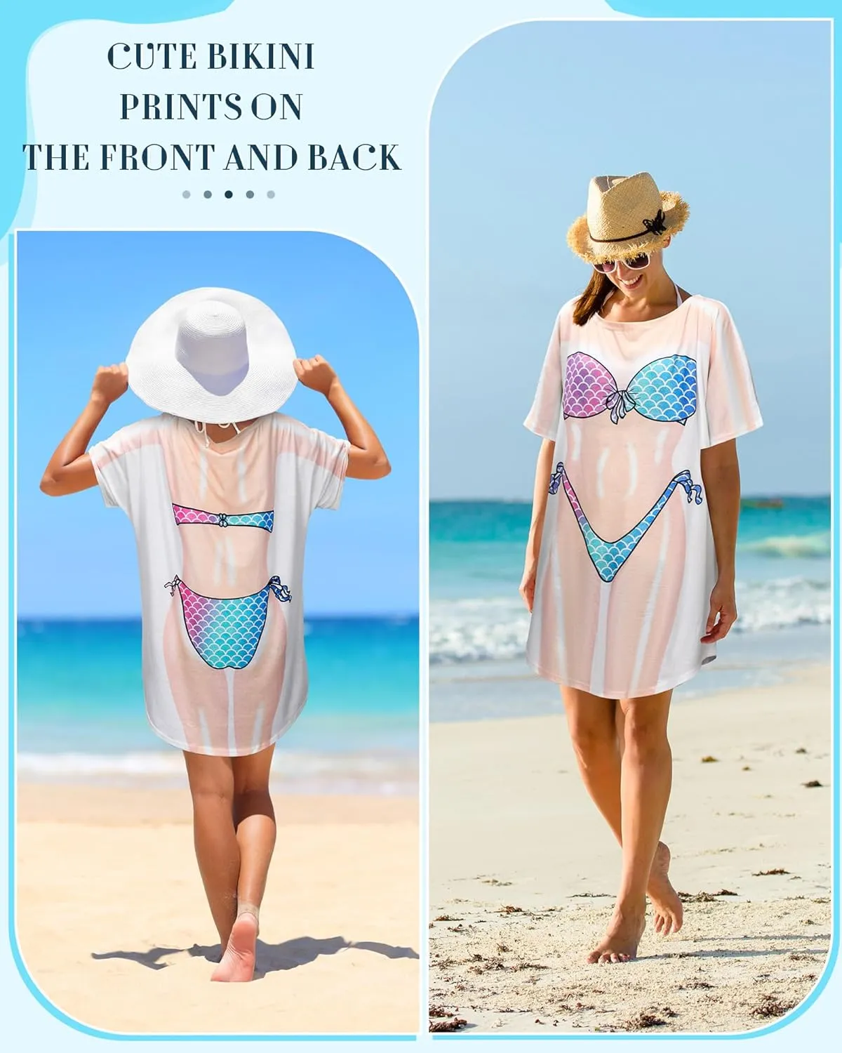 Jeyiour 6 Pack Women's Funny Bikini Shirt Short Sleeve Cover up Baggy T Shirt Dress Cute Bikini Print Baggy Swimwear