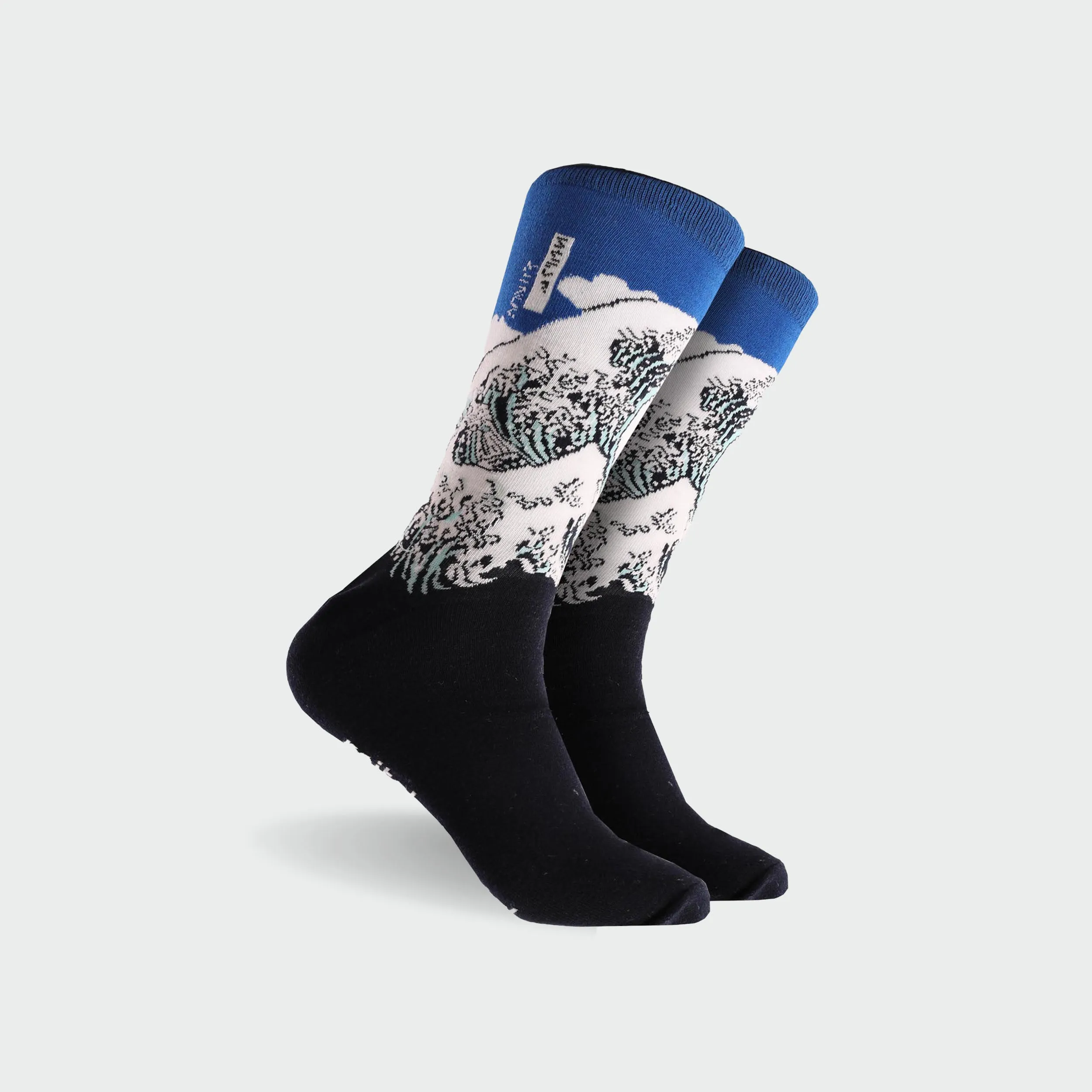 Men's Great Wave Art Cotton Crew Sock - Navy