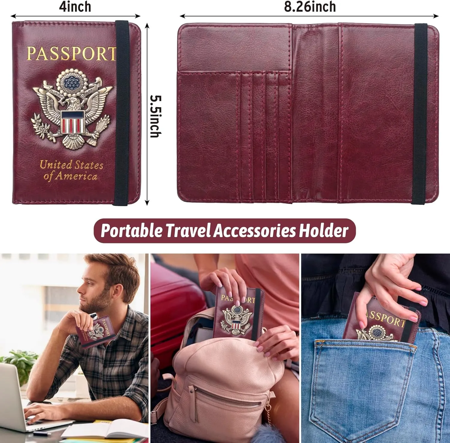 Passport Holder for Travel Women Men, Passport Wallet RFID Blocking US Passport Cover Case, Waterproof Leather Travel Documents Holder with Vaccine Card Slot, Ticket Organizer Carrier