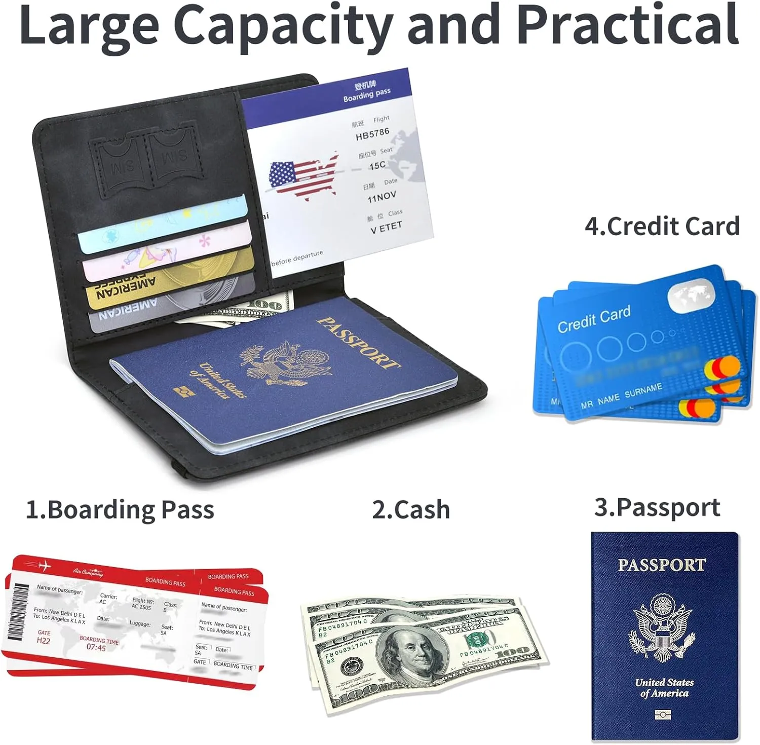 Passport Holder, Passport Cover with Credit Card Slot and Boarding Pass Slot Combo, Passport Wallet Case Book Travel Must Have, RFID Blocking Leather Travel Accessories, Black