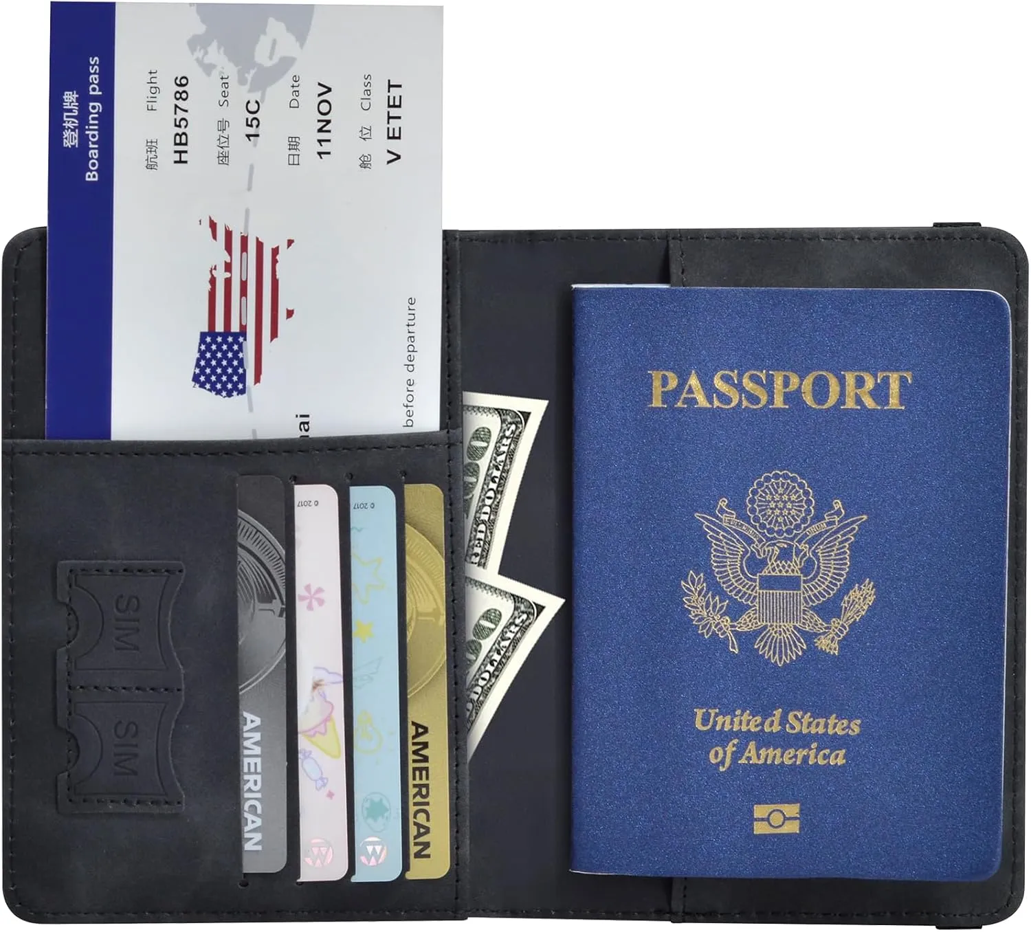 Passport Holder, Passport Cover with Credit Card Slot and Boarding Pass Slot Combo, Passport Wallet Case Book Travel Must Have, RFID Blocking Leather Travel Accessories, Black