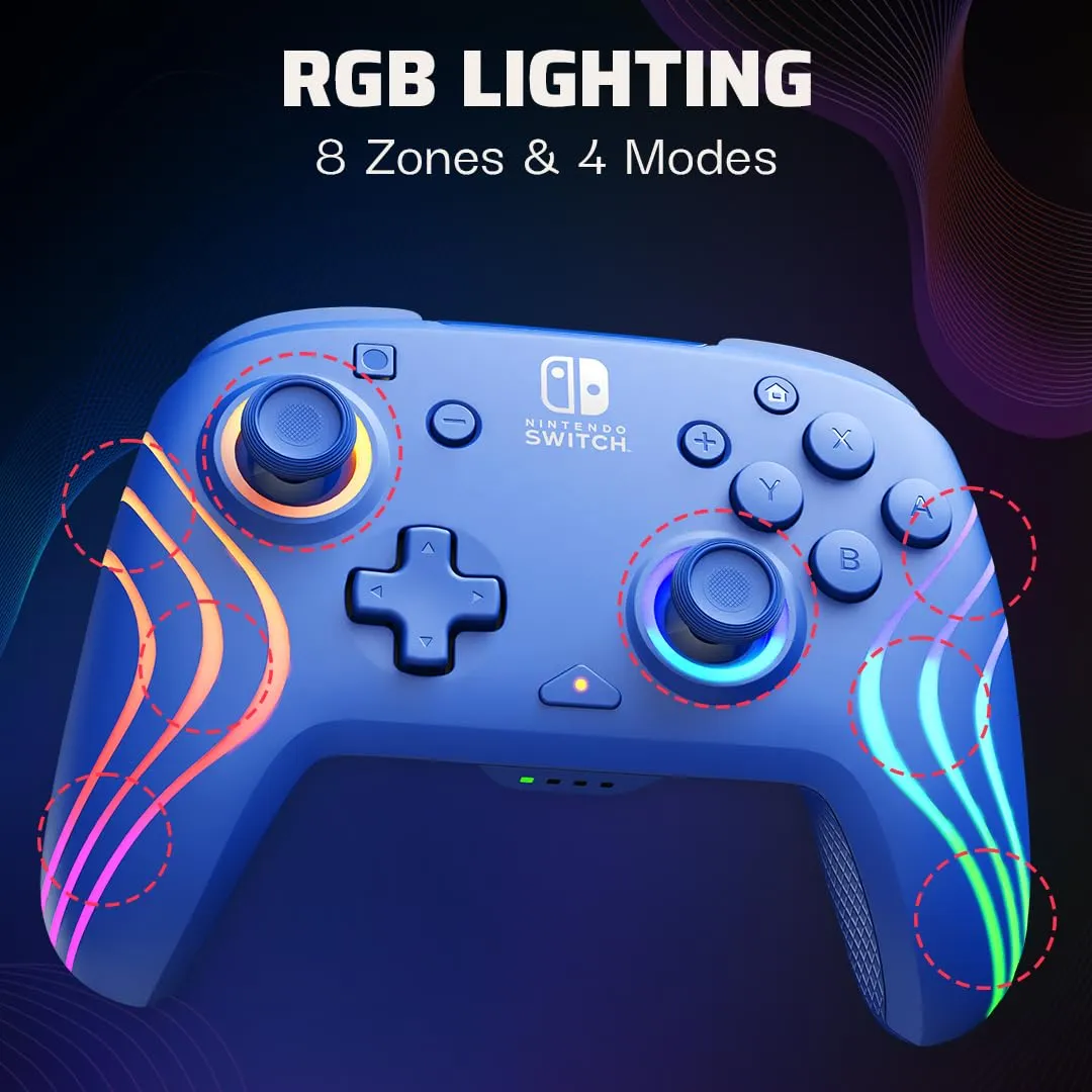 PDP Afterglow Wave Wireless Nintendo Switch Pro Controller with Motion Controls, Fully Licensed for Switch/OLED Model, Customizable LED Lighting, 30 Foot Range, 20 Hr Rechargeable Battery Power: Blue