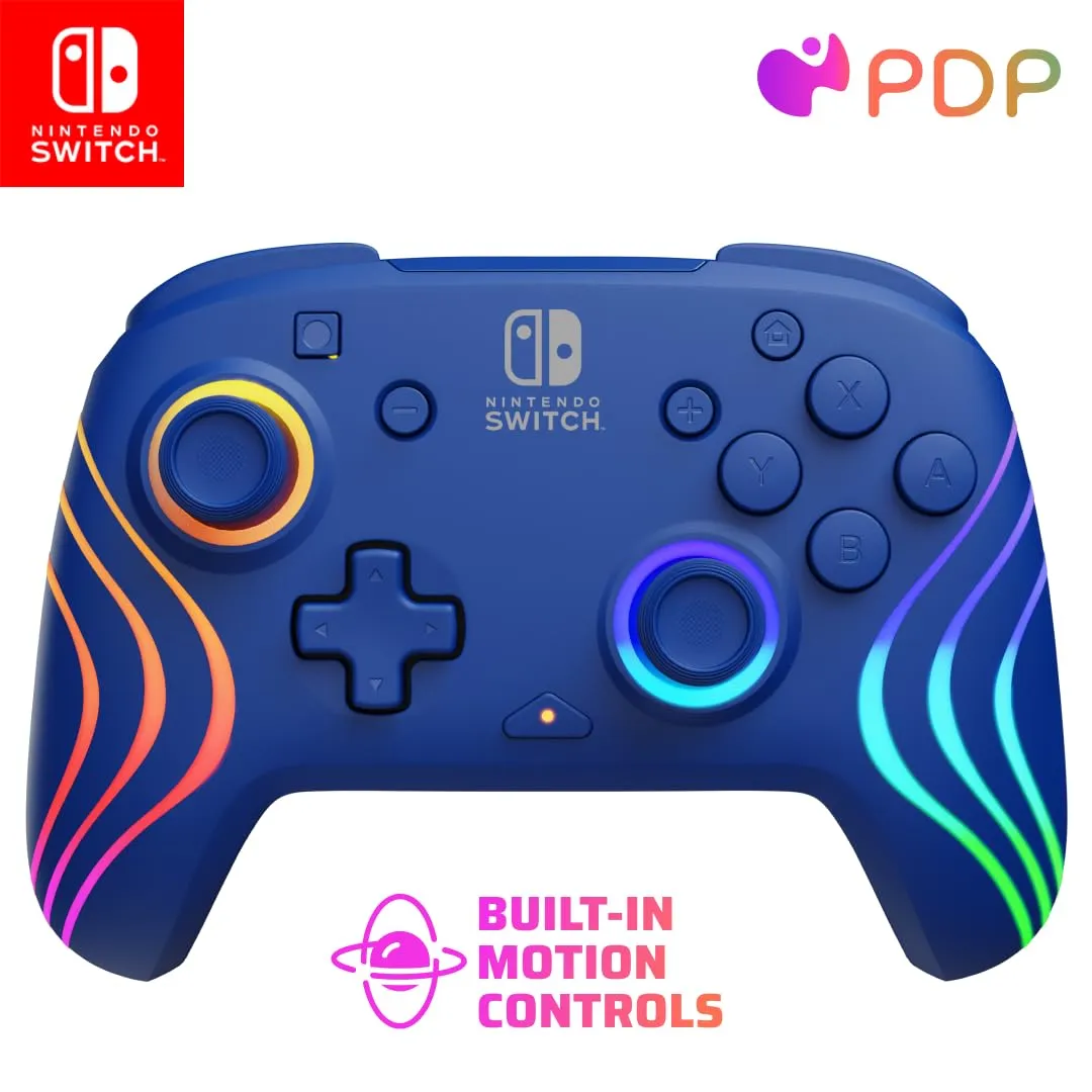 PDP Afterglow Wave Wireless Nintendo Switch Pro Controller with Motion Controls, Fully Licensed for Switch/OLED Model, Customizable LED Lighting, 30 Foot Range, 20 Hr Rechargeable Battery Power: Blue
