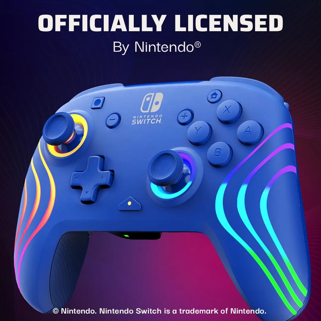 PDP Afterglow Wave Wireless Nintendo Switch Pro Controller with Motion Controls, Fully Licensed for Switch/OLED Model, Customizable LED Lighting, 30 Foot Range, 20 Hr Rechargeable Battery Power: Blue