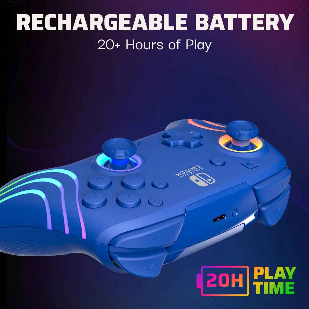 PDP Afterglow Wave Wireless Nintendo Switch Pro Controller with Motion Controls, Fully Licensed for Switch/OLED Model, Customizable LED Lighting, 30 Foot Range, 20 Hr Rechargeable Battery Power: Blue