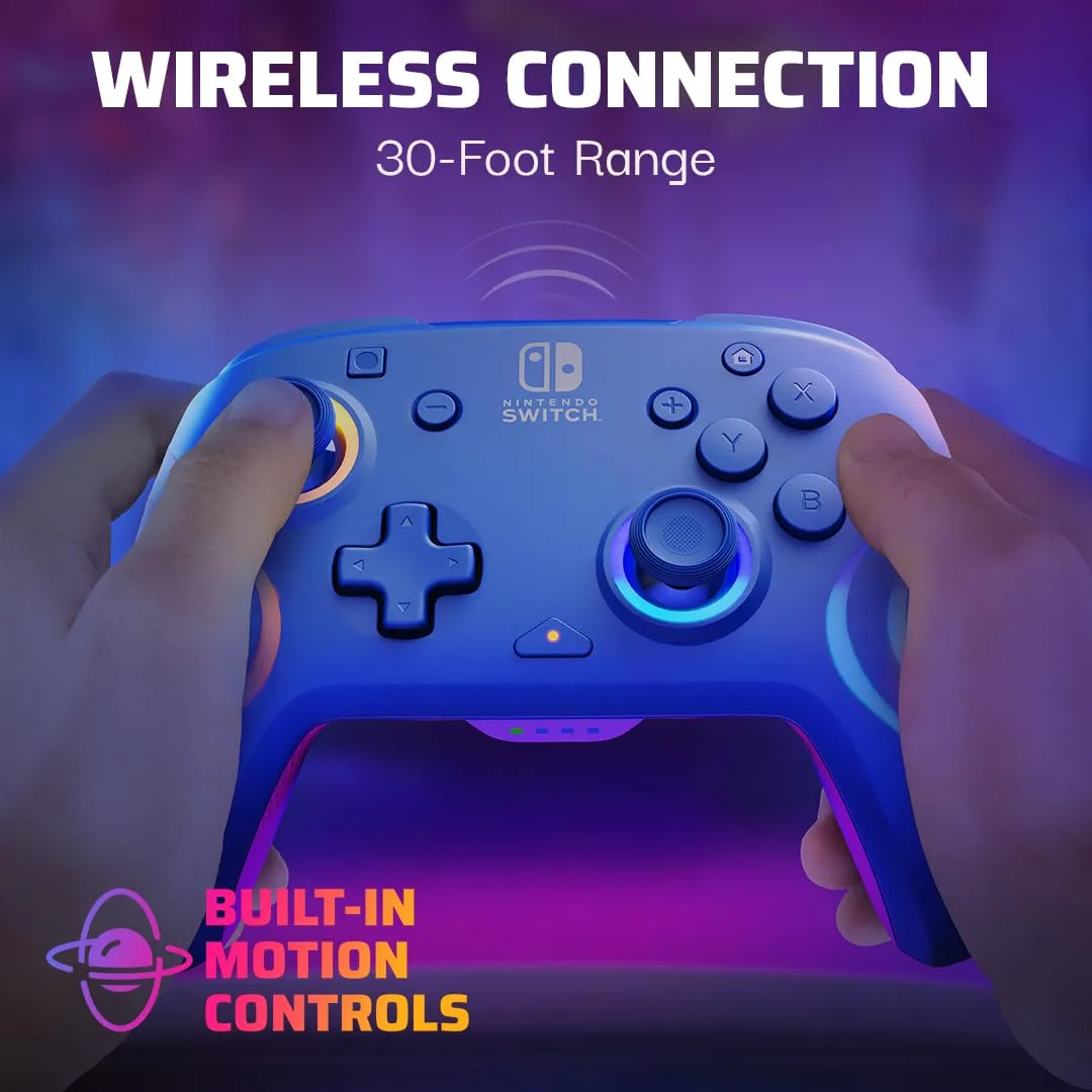 PDP Afterglow Wave Wireless Nintendo Switch Pro Controller with Motion Controls, Fully Licensed for Switch/OLED Model, Customizable LED Lighting, 30 Foot Range, 20 Hr Rechargeable Battery Power: Blue