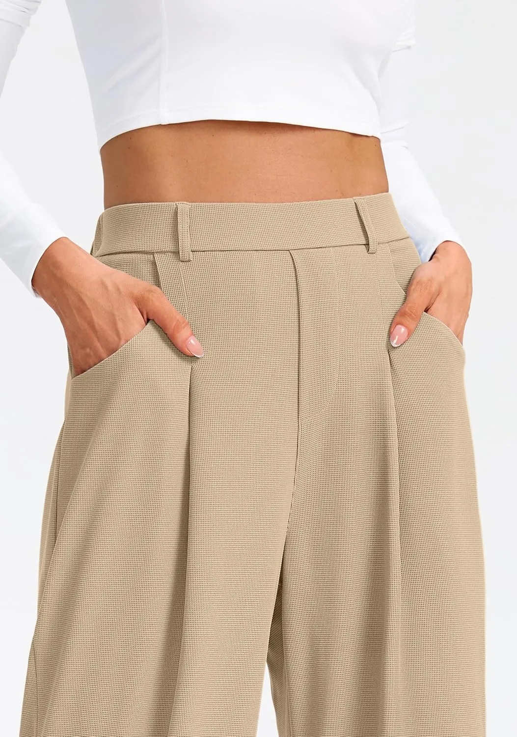 SANTINY Wide Leg Pants Woman Elastic High Waisted Waffle Knit Slacks Business Casual Work Pants Pleated Trousers with Pockets