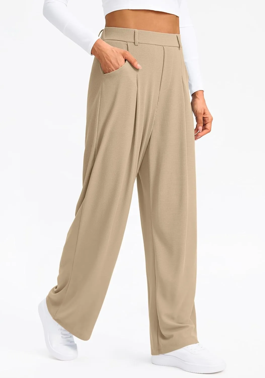 SANTINY Wide Leg Pants Woman Elastic High Waisted Waffle Knit Slacks Business Casual Work Pants Pleated Trousers with Pockets