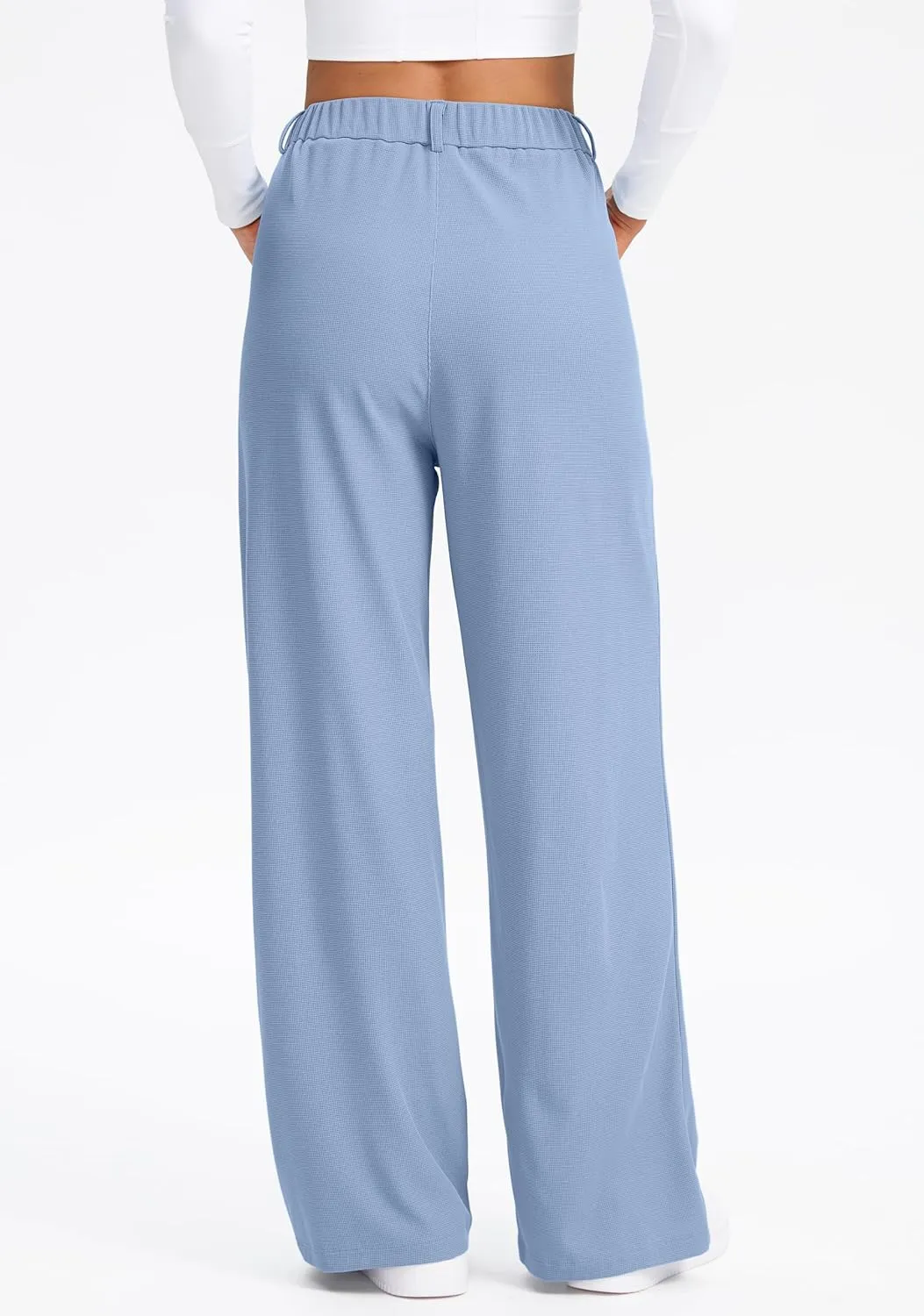 SANTINY Wide Leg Pants Woman Elastic High Waisted Waffle Knit Slacks Business Casual Work Pants Pleated Trousers with Pockets