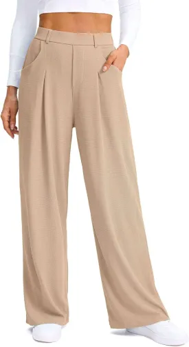 SANTINY Wide Leg Pants Woman Elastic High Waisted Waffle Knit Slacks Business Casual Work Pants Pleated Trousers with Pockets