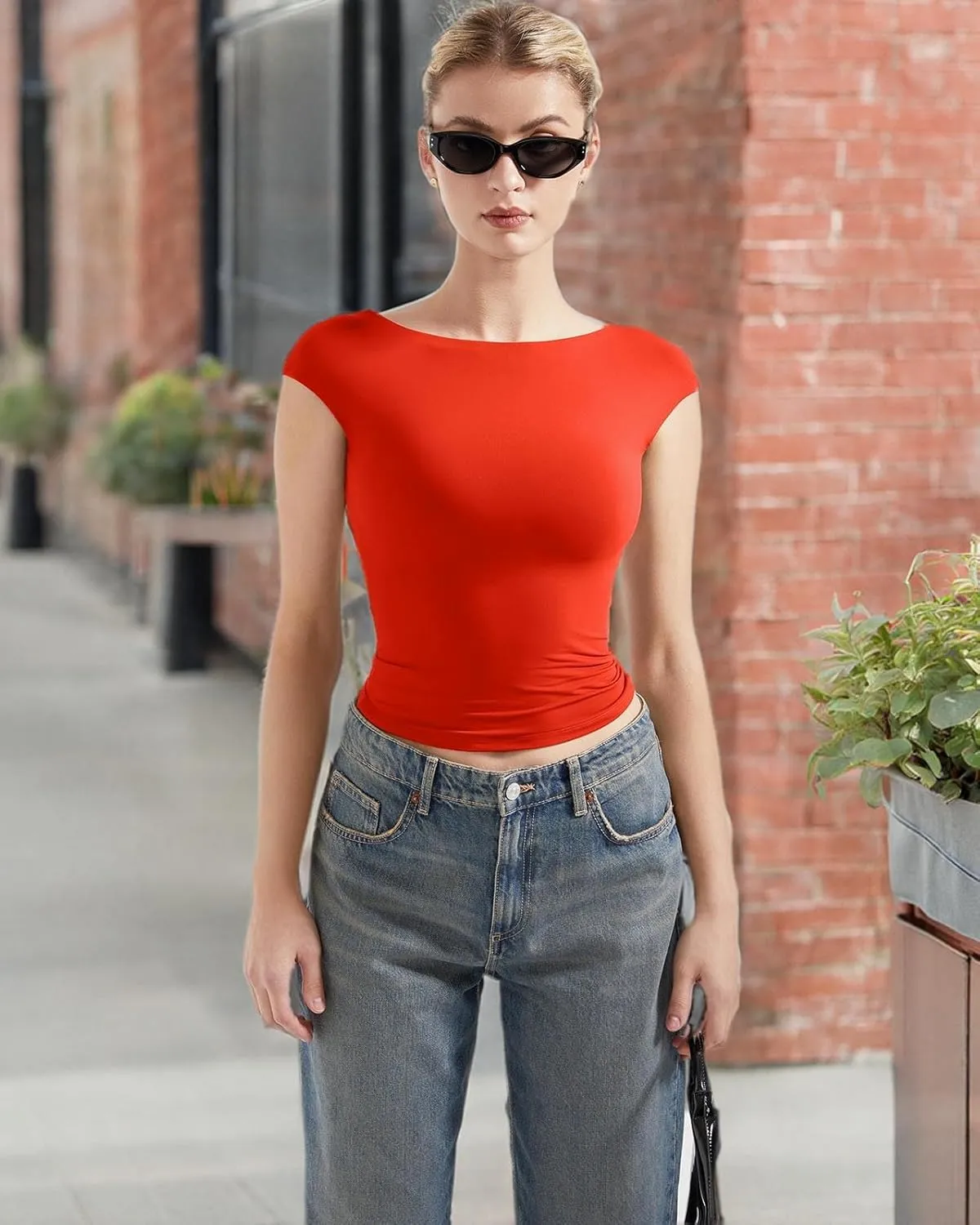 SUUKSESS Women Backless Sexy Going Out Tops Double Lined Open Back Y2k Basic Tee Shirts