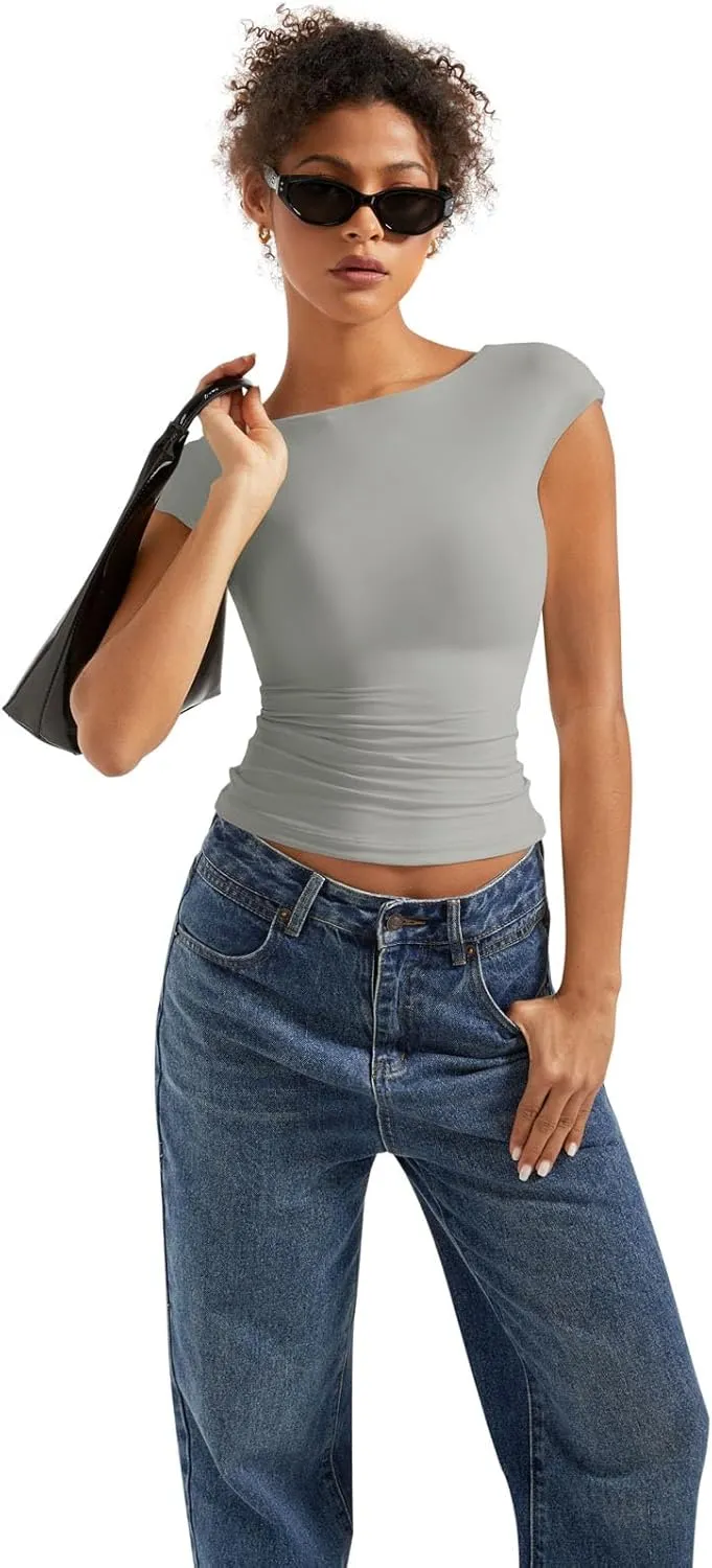 SUUKSESS Women Backless Sexy Going Out Tops Double Lined Open Back Y2k Basic Tee Shirts