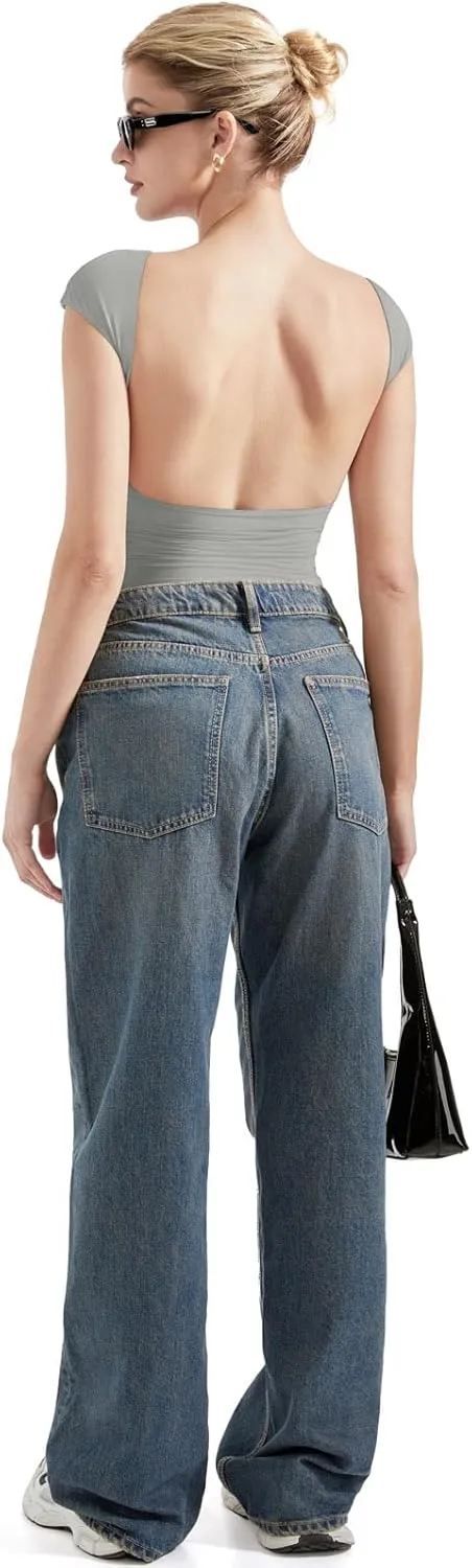 SUUKSESS Women Backless Sexy Going Out Tops Double Lined Open Back Y2k Basic Tee Shirts