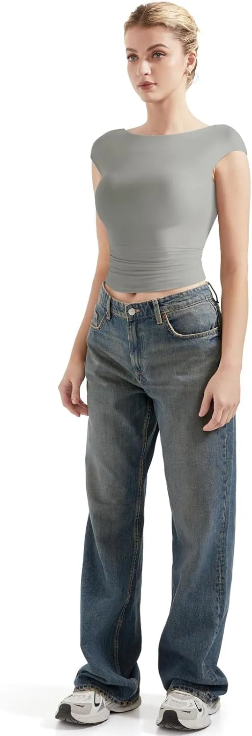 SUUKSESS Women Backless Sexy Going Out Tops Double Lined Open Back Y2k Basic Tee Shirts