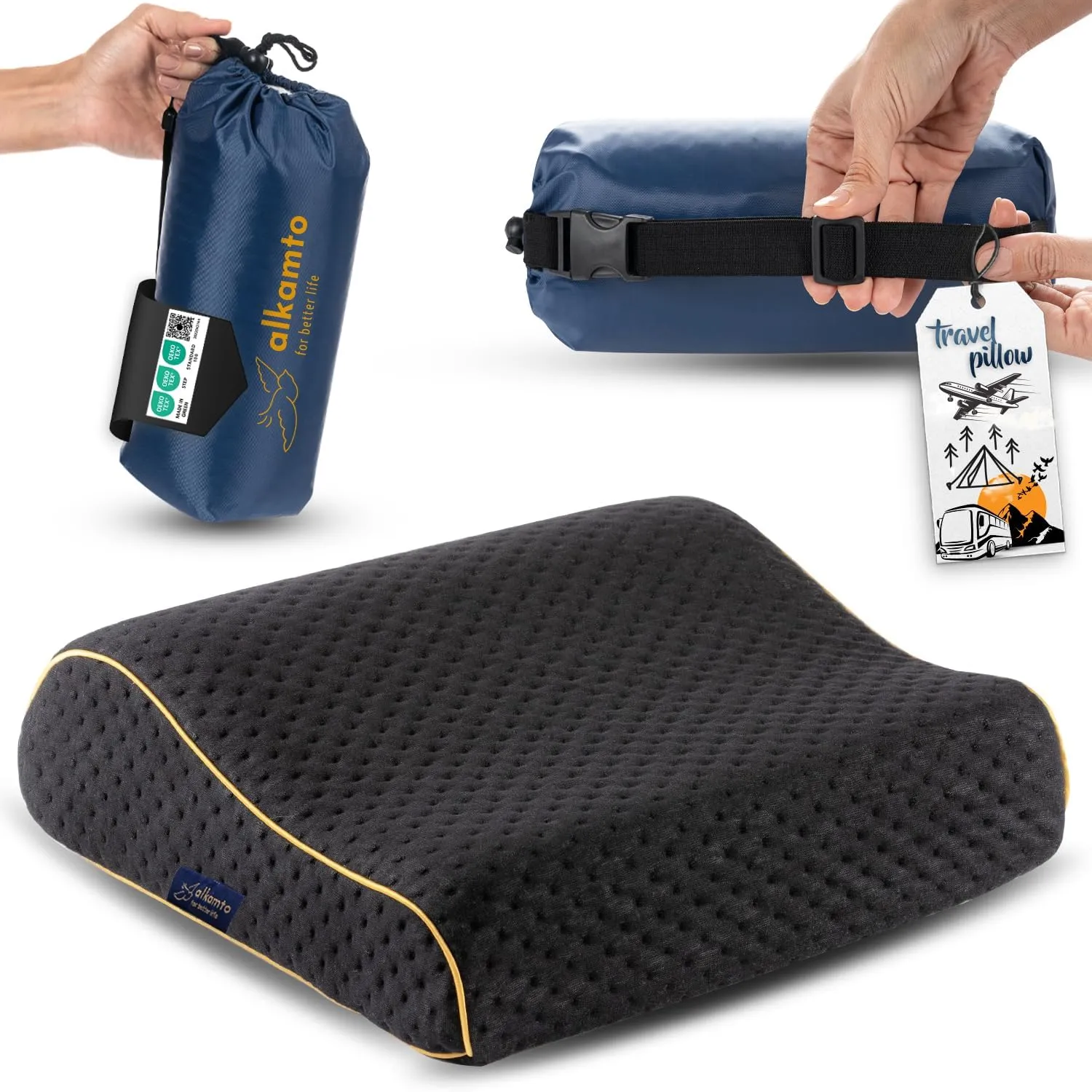 Travel & Camping Comfortable Memory Foam Pillow  Easy to Carry Portable Bag  Temperature Regulating Pillow Case (Black Contour)