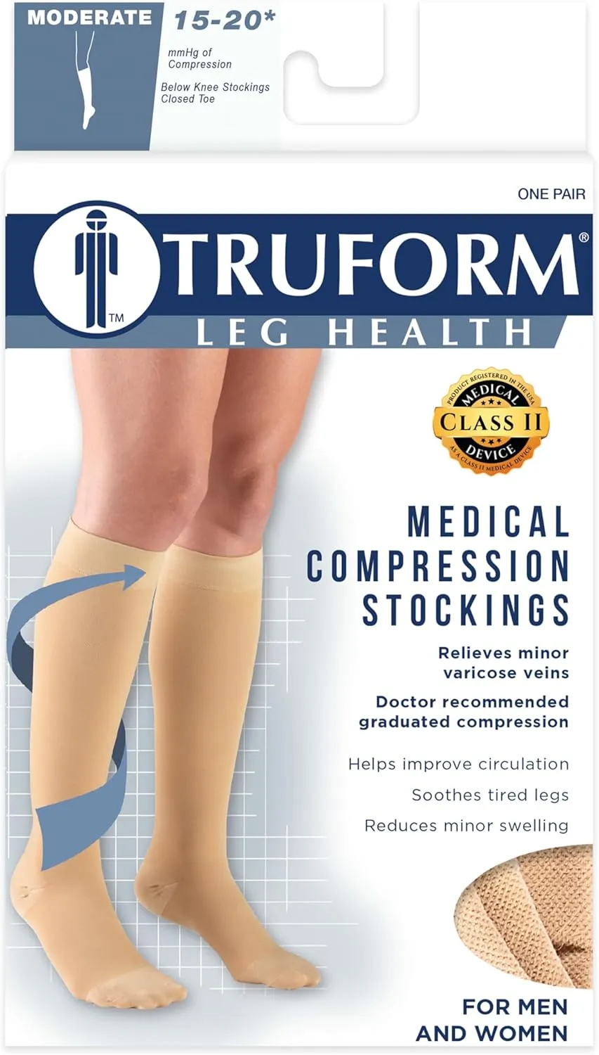 Truform 15-20 mmHg Compression Stockings for Men and Women, Knee High Length, Closed Toe