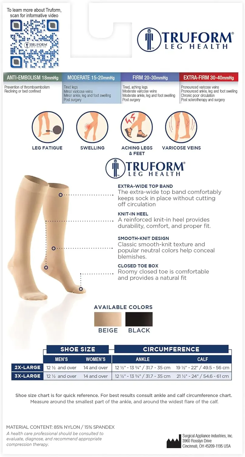 Truform 15-20 mmHg Compression Stockings for Men and Women, Knee High Length, Closed Toe
