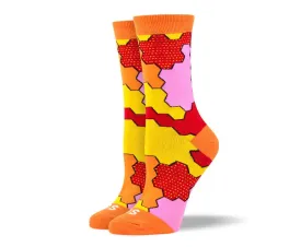 Women's Fun Orange Jigsaw Socks For Autism