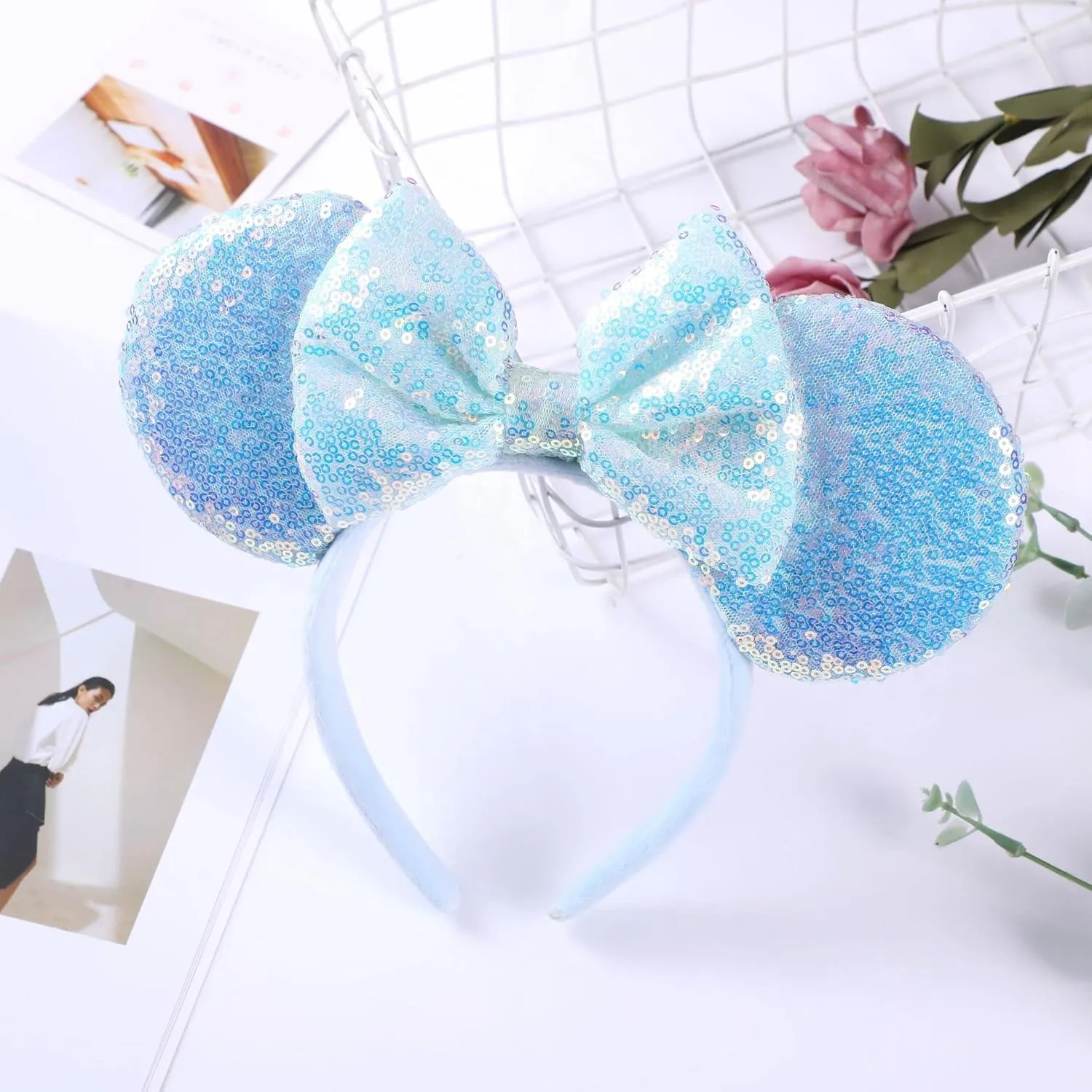 XINXIYAN Mouse Ears Headbands for Women Glitter Sequin Mouse Ears Bow Headband Birthday Party Princess Decoration (Blue, one size)
