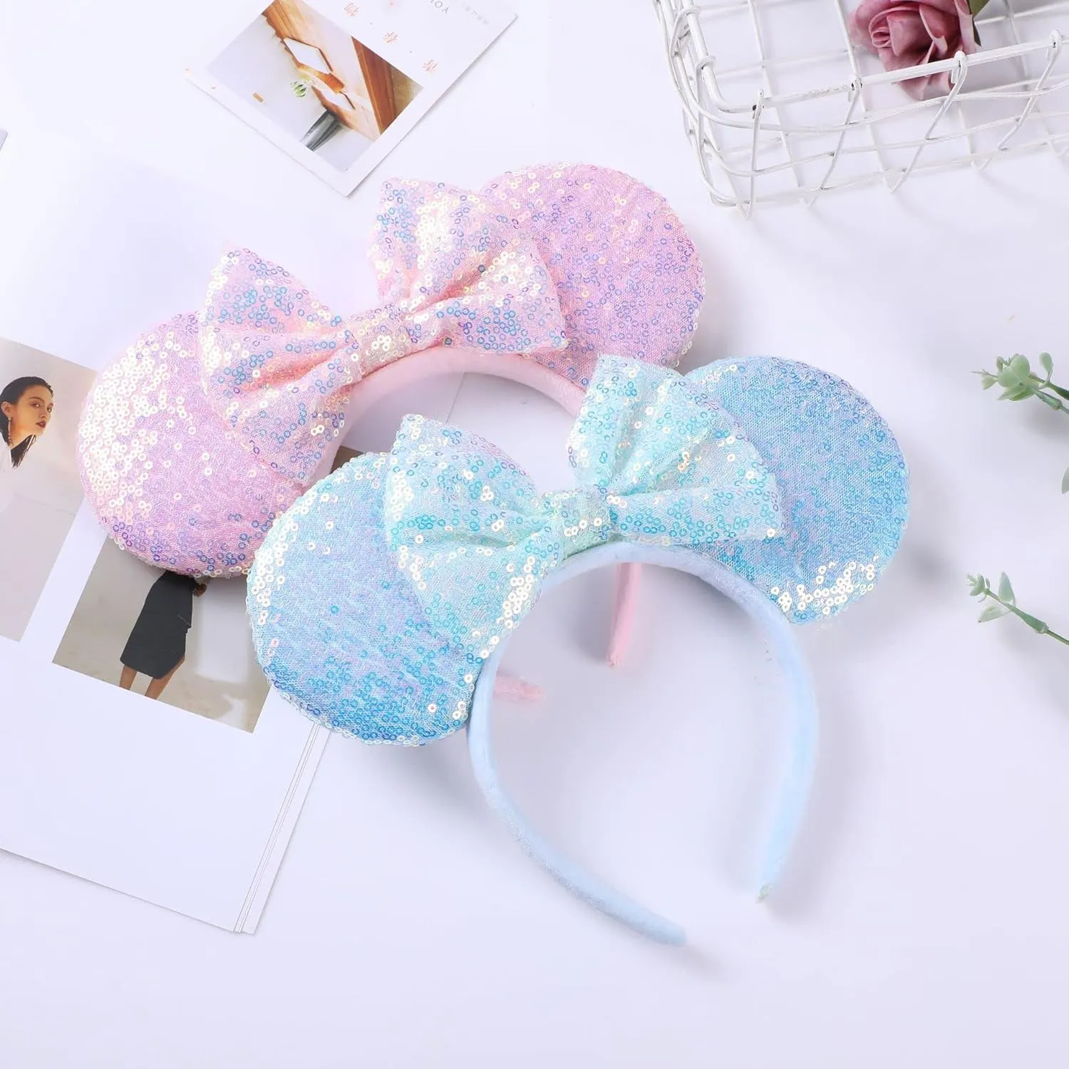 XINXIYAN Mouse Ears Headbands for Women Glitter Sequin Mouse Ears Bow Headband Birthday Party Princess Decoration (Blue, one size)